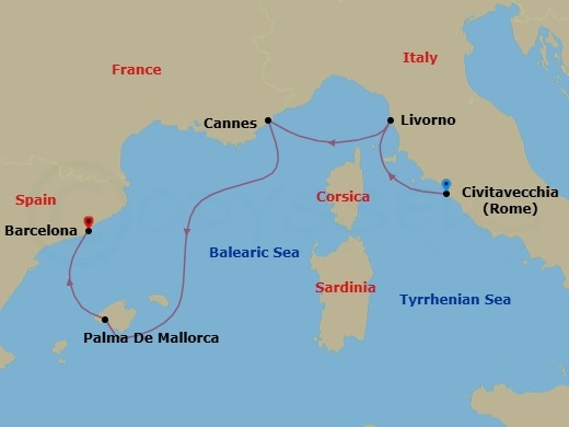 5 Night - Mediterranean - MSC Fantasia - Starting in Civitavecchia (Rome), Italy, Livorno (Florence), Italy, Cannes (Cote Dazur), France, Palma De Mallorca (Balearic Islands), Spain, Barcelona, Spain itinerary map