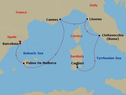 6 Night - Mediterranean - MSC Fantasia - Starting in Cagliari (Sardinia), Italy, Civitavecchia (Rome), Italy, Livorno (Florence), Italy, Cannes (Cote Dazur), France, Palma De Mallorca (Balearic Islands), Spain, Barcelona, Spain itinerary map