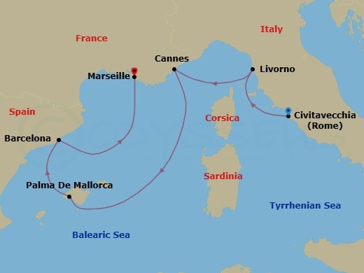 6 Night - Mediterranean - MSC Fantasia - Starting in Civitavecchia (Rome), Italy, Livorno (Florence), Italy, Cannes (Cote Dazur), France, Palma De Mallorca (Balearic Islands), Spain, Barcelona, Spain, Marseille (Provence), France itinerary map
