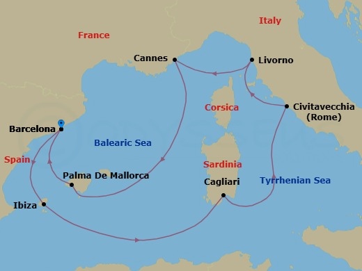 9 Night - Mediterranean - MSC Fantasia - Starting in Barcelona, Spain, Ibiza (Balearic Islands), Spain, Cagliari (Sardinia), Italy, Civitavecchia (Rome), Italy, Livorno (Florence), Italy, Cannes (Cote Dazur), France, Palma De Mallorca (Balearic Islands), Spain, Barcelona, Spain itinerary map