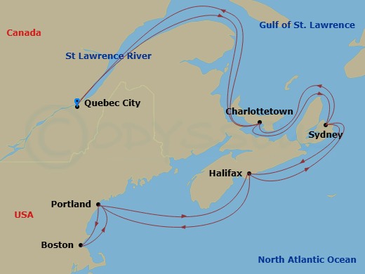 14 Night - Canada & New England : Unesco Sites & Nights Collector - Zuiderdam - Starting in Quebec City, Quebec, Canada, Cruising the Saint Lawrence River, Cruising Gulf of St Lawrence, Charlottetown, Prince Edward Island, Canada, Sydney NS, Nova Scotia, Canada, Halifax, Nova Scotia, Canada, Portland ME, Boston, Massachusetts, Portland ME, Halifax, Nova Scotia, Canada, Sydney NS, Nova Scotia, Canada, Charlottetown, Prince Edward Island, Canada, Cruising Gulf of St Lawrence, Saint Lawrence River Cruising, Quebec City, Quebec, Canada itinerary map