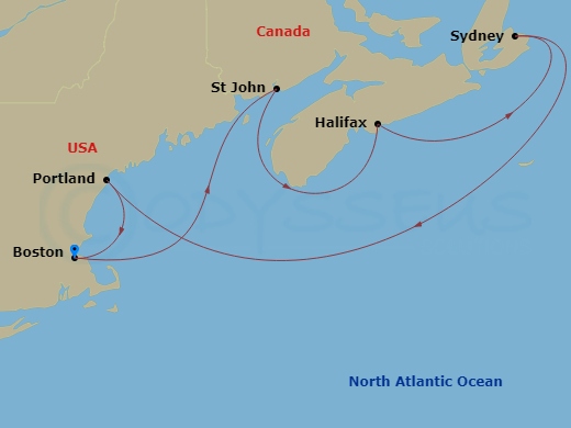 7 Night - Canada & New England Circle : New Brunswick - Volendam - Starting in Boston, Massachusetts, Saint John NB, New Brunswick, Halifax, Nova Scotia, Canada, Sydney NS, Nova Scotia, Canada, Portland ME, Boston, Massachusetts itinerary map