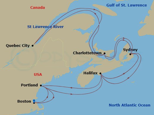 14 Night - Canada & New England : Unesco Sites & Nights Collector - Zuiderdam - Starting in Boston, Massachusetts, Portland ME, Halifax, Nova Scotia, Canada, Sydney NS, Nova Scotia, Canada, Charlottetown, Prince Edward Island, Canada, Cruising Gulf of St Lawrence, Saint Lawrence River Cruising, Quebec City, Quebec, Canada, Cruising the Saint Lawrence River, Cruising Gulf of St Lawrence, Charlottetown, Prince Edward Island, Canada, Sydney NS, Nova Scotia, Canada, Halifax, Nova Scotia, Canada, Portland ME, Boston, Massachusetts itinerary map