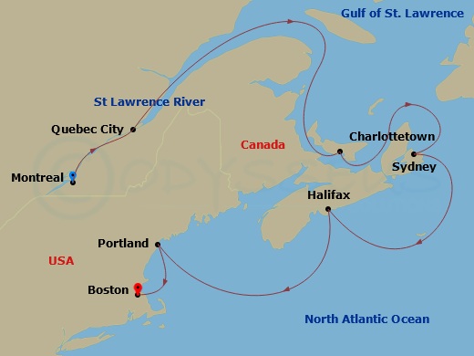 7 Night - Canada & New England : Montreal, Maritimes & Maine - Volendam - Starting in Montreal, Quebec, Canada, Saint Lawrence River Cruising, Quebec City, Quebec, Canada, Cruising Gulf of St Lawrence, Charlottetown, Prince Edward Island, Canada, Sydney NS, Nova Scotia, Canada, Halifax, Nova Scotia, Canada, Portland ME, Boston, Massachusetts itinerary map