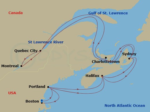 14 Night - Canada & New England : Maritimes & Montreal Collectors - Volendam - Starting in Boston, Massachusetts, Portland ME, Halifax, Nova Scotia, Canada, Sydney NS, Nova Scotia, Canada, Charlottetown, Prince Edward Island, Canada, Cruising Gulf of St Lawrence, Quebec City, Quebec, Canada, Saint Lawrence River Cruising, Montreal, Quebec, Canada, Saint Lawrence River Cruising, Quebec City, Quebec, Canada, Cruising Gulf of St Lawrence, Charlottetown, Prince Edward Island, Canada, Sydney NS, Nova Scotia, Canada, Halifax, Nova Scotia, Canada, Portland ME, Boston, Massachusetts itinerary map