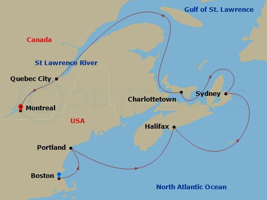 7 Night - Canada & New England : Maine, Maritimes & Montreal - Volendam - Starting in Boston, Massachusetts, Portland ME, Halifax, Nova Scotia, Canada, Sydney NS, Nova Scotia, Canada, Charlottetown, Prince Edward Island, Canada, Cruising Gulf of St Lawrence, Quebec City, Quebec, Canada, Saint Lawrence River Cruising, Montreal, Quebec, Canada itinerary map