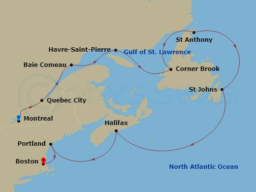 10 Night - Canada & New England : Quebec & Newfoundland - Volendam - Starting in Montreal, Quebec, Canada, Saint Lawrence River Cruising, Quebec City, Quebec, Canada, Baie-Comeau, Quebec, Canada, Havre-Saint-Pierre, Quebec, Canada, Corner Brook, Newfoundland, Canada, St Anthony, Newfoundland, Canada, St Johns NF, Newfoundland, Halifax, Nova Scotia, Canada, Portland ME, Boston, Massachusetts itinerary map