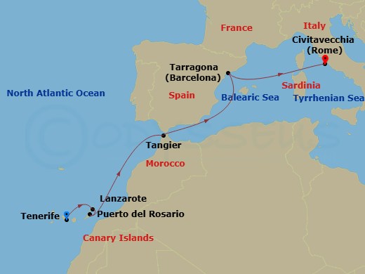 8 Night - Canary Islands and Madeira - MSC Euribia - Starting in Santa Cruz de Tenerife, Arrecife De Lanzarote (Canary Islands), Spain, Puerto Del Rosario / Fuerteventura, Spain, Tangier (Tetouan), Morocco, Tarragona, Spain, Civitavecchia (Rome), Italy itinerary map