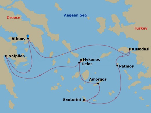 7 Night - Cruising the Greek Islands of the Southern Aegean - with Smithsonian Journeys - Le Laperouse - Starting in Athens, Kusadasi, Patmos, Santorini, Amorgos, Delos, Mykonos, Nafplion, Athens itinerary map