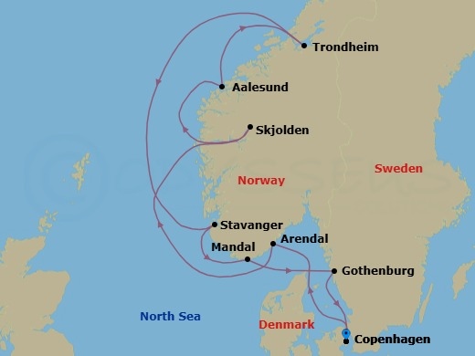 10 Night - Denmark, Norway & Sweden Cruise : Copenhagen, Trondheim & Gothenburg - Azamara Quest - Starting in Copenhagen, Arendal, Skjolden, Alesund, Trondheim, Stavanger, Mandal, Gothenburg, Copenhagen itinerary map