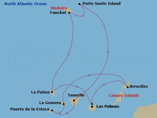 10 Night - Las Palmas Roundtrip - World Navigator - Starting in Las Palmas (Gran Canaria), Santa Cruz de La Palma, Funchal (Madeira), Porto Santo (Madeira), Santa Cruz de Tenerife, Puerto de La Estaca (El Hierro), San Sebastian (La Gomera), Arrecife (Lanzarote), Las Palmas (Gran Canaria) itinerary map