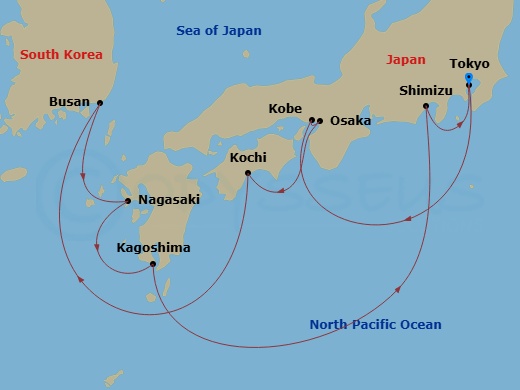 12 Night - Best of Japan Cruise - Celebrity Millennium - Starting in Tokyo, Japan, Kobe, Japan, Kyoto (Osaka), Japan, Kochi, Japan, Busan, South Korea, Nagasaki, Japan, Kagoshima, Japan, Mount Fuji (Shimizu), Japan, Tokyo, Japan itinerary map