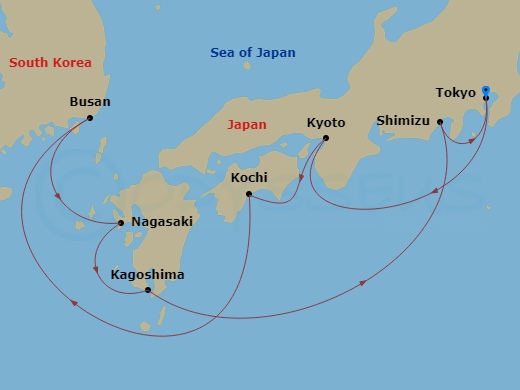 12 Night - Best of Japan - Golden Week - Celebrity Millennium - Starting in Tokyo, Japan, Kyoto (Osaka), Japan, Kochi, Japan, Busan, South Korea, Nagasaki, Japan, Kagoshima, Japan, Mount Fuji (Shimizu), Japan, Tokyo, Japan itinerary map