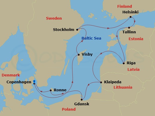 11 Night - Baltic Intensive Cruise : Stockholm, Helsinki & Copenhagen - Azamara Journey - Starting in Copenhagen, Visby, Sweden, Stockholm, Helsinki, Tallinn, Riga, Klaipeda, Gdansk, Ronne, Bornholm, Copenhagen itinerary map