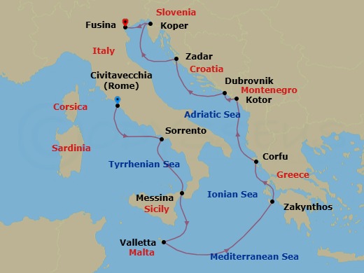 10 Night - Italian Sojourn - Oceania Insignia - Starting in Rome (Civitavecchia), Sorrento / Capri, Messina (Sicily), Valletta, Zakynthos, Corfu, Kotor, Dubrovnik, Croatia, Zadar, Koper, Venice (Fusina) itinerary map