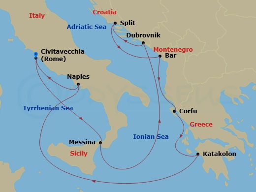 10 Night - Italy, Greece & Croatia Cruise - Celebrity Ascent - Starting in Rome (Civitavecchia), Italy, Sicily (Messina), Italy, Dubrovnik, Croatia, Split, Croatia, Montenegro, Corfu, Greece, Olympia (Katakolon), Greece, Naples, Italy, Rome (Civitavecchia), Italy itinerary map