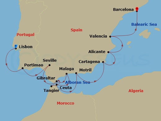 14 Night - Iberian Peninsula Combination Cruise : Lisbon, Seville & Valencia - Azamara Onward - Starting in Lisbon, Portimao, Seville, Gibraltar, Ceuta, Malaga, Tangier, Granada (Motril), Cartagena ES, Alicante, Valencia, Barcelona itinerary map