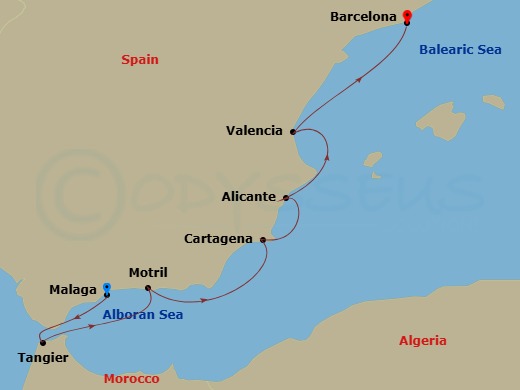 7 Night - Spain Intensive : Malaga, Valencia & Barcelona - Azamara Onward - Starting in Malaga, Tangier, Granada (Motril), Cartagena ES, Alicante, Valencia, Barcelona itinerary map