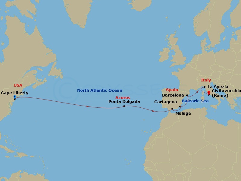 14 Night - Spain, Italy, Azores Transatlantic - Odyssey of the Seas - Starting in Cape Liberty, Nj (Ny Metro), Ponta Delgada, Azores, Malaga, Spain, Cartagena ES, Barcelona, Spain, Florence / Pisa (La Spezia), Italy, Rome (Civitavecchia), Italy itinerary map