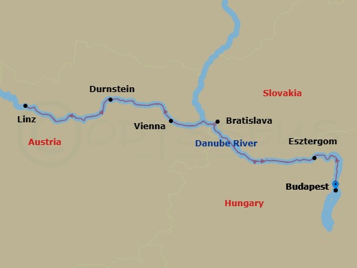 10 Night - The Blue Danube River Cruise with Budapest Extension - MS Geoffrey Chaucer - Starting in Budapest, Hungary, Esztergom, Hungary, Bratislava, Slovakia, Durnstein, Austria, Linz, Austria, Vienna, Austria, Danube River, Budapest, Hungary itinerary map