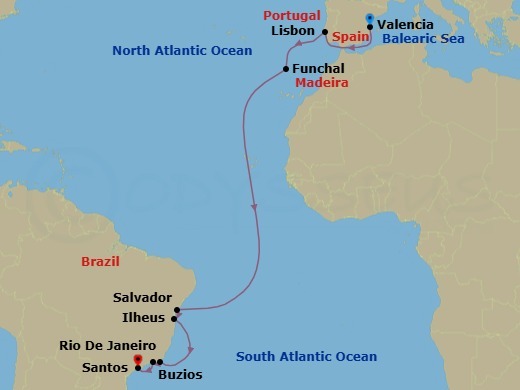 16 Night - Msc Grand Voyages - MSC Musica - Starting in Valencia, Spain, Lisbon (Cascais), Portugal, Funchal (Madeira Islands), Portugal, Salvador, Brazil, Ilheus, Brazil, Buzios, Brazil, Rio De Janeiro, Brazil, Santos (Sao Paulo), Brazil itinerary map