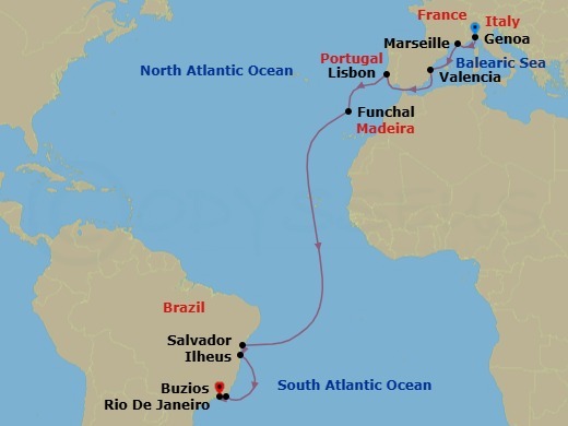 17 Night - Msc Grand Voyages - MSC Musica - Starting in Genoa (Portofino), Italy, Marseille (Provence), France, Valencia, Spain, Lisbon (Cascais), Portugal, Funchal (Madeira Islands), Portugal, Salvador, Brazil, Ilheus, Brazil, Buzios, Brazil, Rio De Janeiro, Brazil itinerary map