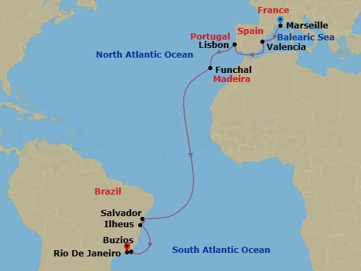 16 Night - Msc Grand Voyages - MSC Musica - Starting in Marseille (Provence), France, Valencia, Spain, Lisbon (Cascais), Portugal, Funchal (Madeira Islands), Portugal, Salvador, Brazil, Ilheus, Brazil, Buzios, Brazil, Rio De Janeiro, Brazil itinerary map
