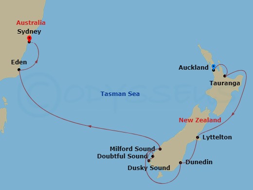13 Night - Pre Auckland City Highlights Pre Cruisetour Package - Norwegian Spirit Tours - Starting in At Hotel, Auckland, New Zealand, Tauranga, New Zealand, Lyttleton, New Zealand, Dunedin, New Zealand, Cruise Doubtful Sound, New Zealand, Cruise Dusky Sound, New Zealand, Milford Sound, New Zealand, Melbourne, Australia, Burnie, Tasmania, Australia, Eden, Australia, Sydney AU itinerary map