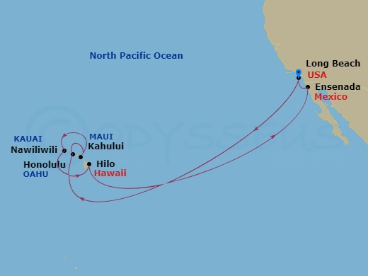 14 Night - Carnival Journeys - Hawaii Cruise - Carnival Spirit - Starting in Long Beach (Los Angeles), Ca, Honolulu, Oahu, Hi, Kahului, Maui, Hi, Nawiliwili, Kauai, Hi, Hilo, Hawaii, Ensenada, Mexico, Long Beach (Los Angeles), Ca itinerary map