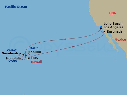 14 Night - Journeys - Hawaii - Carnival Spirit - Starting in Long Beach (Los Angeles), Ca, Kahului, Maui, Hi, Nawiliwili, Kauai, Hi, Honolulu, Oahu, Hi, Hilo, Hawaii, Ensenada, Mexico, Long Beach (Los Angeles), Ca itinerary map