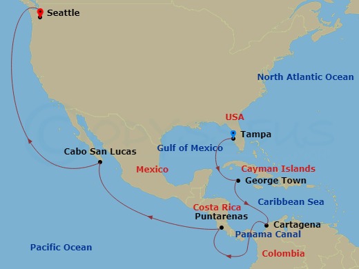 16 Night - Journeys - Panama Canal - Carnival Spirit - Starting in Tampa, Fl, Grand Cayman, Cayman Islands, Cartagena CO, Panama Canal Transit, Puntarenas, Costa Rica, Cabo San Lucas, Mexico, Seattle, Wa itinerary map