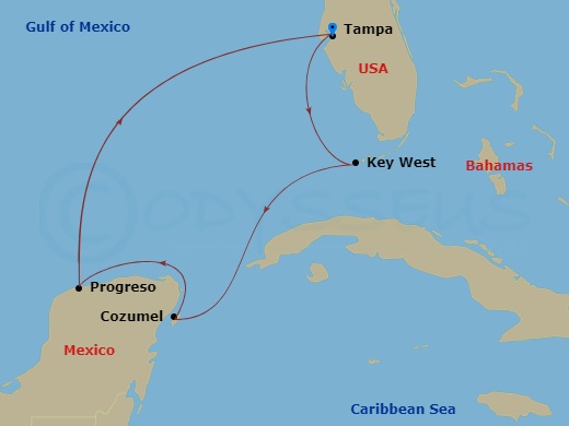6 Night - Key West & Mexico - Margaritaville Islander - Starting in Port Tampa Bay, Key West, FL, Cozumel, Mexico, Progreso, Mexico, Port Tampa Bay itinerary map