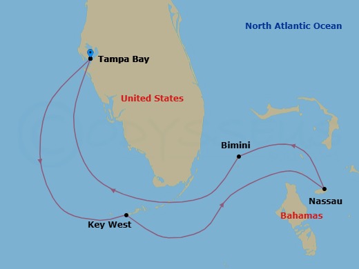 6 Night - Key West & Bahamas - Margaritaville Islander - Starting in Port Tampa Bay, Key West, FL, Nassau, Bahamas, Bimini, Bahamas, Port Tampa Bay itinerary map