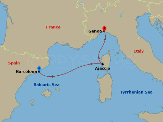 4 Night - Western Mediterranean Roundtrip from Barcelona - Costa Fascinosa - Starting in Barcelona, Ajaccio (Corsica), Genoa (Portofino), Marseille, Barcelona itinerary map