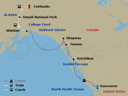 11 Night - Signature Denali D3c - Tour D3c - Nieuw Amsterdam Tours - Starting in Vancouver, BC, CA, Scenic Cruising the Inside Passage, Ketchikan, Alaska, Juneau, Alaska, Skagway, Alaska, Cruising Hubbard Glacier, College Fjord, Whittier, Alaska, Denali National Park, Fairbanks itinerary map