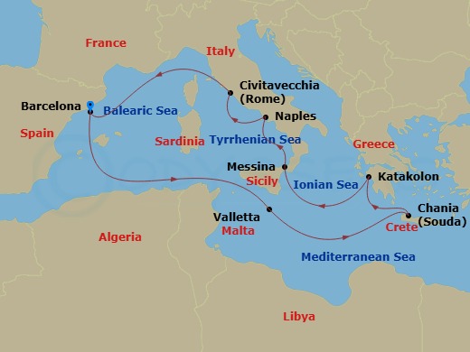 10 Night - Greece, Italy & Malta Cruise - Celebrity Equinox - Starting in Barcelona, Spain, Valletta, Malta, Chania (Souda), Crete, Greece, Olympia (Katakolon), Greece, Sicily (Messina), Italy, Naples, Italy, Rome (Civitavecchia), Italy, Barcelona, Spain itinerary map