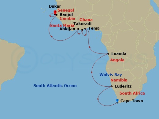 19 Night - Cape Town to Dakar - Silver Dawn - Starting in Cape Town, Luderitz, Walvis Bay, Luanda, Tema (Accra), Takoradi, Abidjan, Banjul, Dakar itinerary map
