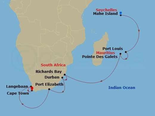 14 Night - Mahe to Cape Town - Silver Dawn - Starting in Mahe, Port Louis, Pointe Des Galets, Richards Bay, Durban, Port Elizabeth ZA, Langebaan, Cape Town itinerary map