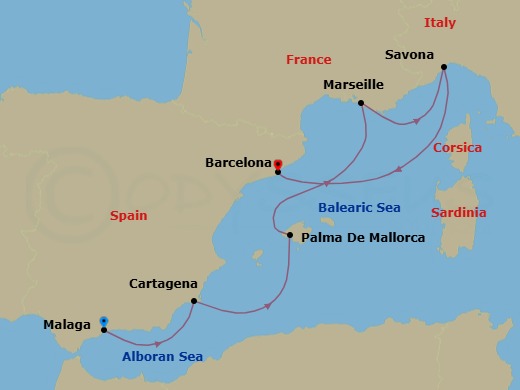 6 Night - Western Mediterranean from Malaga - Costa Diadema - Starting in Malaga, Spain, Cartagena ES, Spain, Palma De Mallorca, Spain, Marseille, France, Savona, Italy, Barcelona, Spain itinerary map