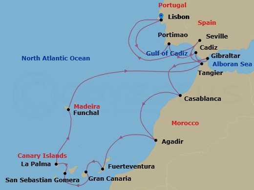 19 Night - Morocco, Portugal & Spain Combination Cruise : Tangier, Seville & Lisbon - Azamara Journey - Starting in Lisbon, Portimao, Cadiz, Gibraltar, Casablanca, Agadir, Fuerteventura, Canary Islands, Gran Canaria, Canary Islands, San Sebastian De La Gomera, La Palma, Canary Islands, Madeira (Funchal), Tangier, Seville, Lisbon itinerary map