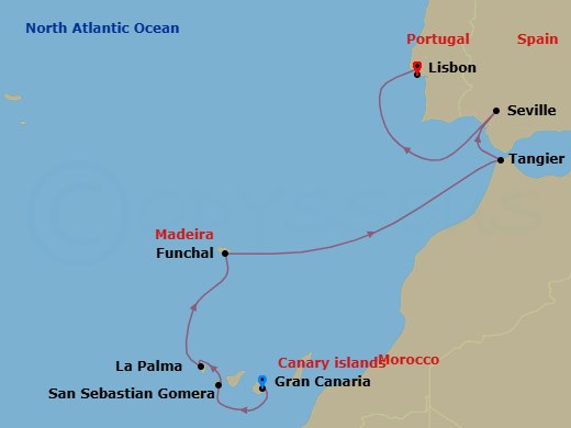 10 Night - Spain Intensive Cruise : Canary Islands, Madeira & Seville - Azamara Journey - Starting in Gran Canaria, Canary Islands, San Sebastian De La Gomera, La Palma, Canary Islands, Madeira (Funchal), Tangier, Seville, Lisbon itinerary map