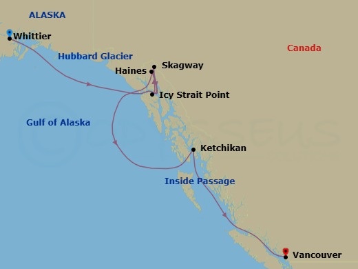 10 Night - Anchorage Denali Express - Southbound Cruisetour - Norwegian Jade Tours - Starting in At Hotel, Whittier, Ak, Cruise Hubbard Glacier, Ak, Haines, AK, Icy Strait Point, Ak, Skagway, Ak, Ketchikan (Ward Cove), Ak, Cruise Inside Passage Al, Vancouver, Canada itinerary map