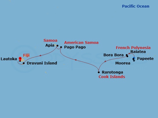 13 Night - South Pacific - Norwegian Spirit - Starting in Papeete, French Polynesia, Moorea, French Polynesia, Raiatea, French Polynesia, Bora Bora, French Polynesia, Rarotonga, Cook Islands, Pago Pago, American Samoa, Cross International Dateline, at Sea, Apia, Samoa, Dravuni, Fiji, Lautoka, Fiji itinerary map