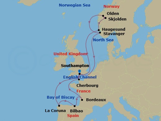 14 Night - Norwegian Fjords & Iberia - Sky Princess - Starting in Southampton (for London), England, Haugesund, Norway, Skjolden / Sognefjord, Norway, Sognefjord (Scenic Cruising), Olden, Norway, Nordfjord, Norway, Stavanger, Norway, Southampton (for London), England, La Coruna, Spain (for Santiago de Compostela), Bilbao, Le Verdon (for Bordeaux), France, Cherbourg, France, Southampton (for London), England itinerary map