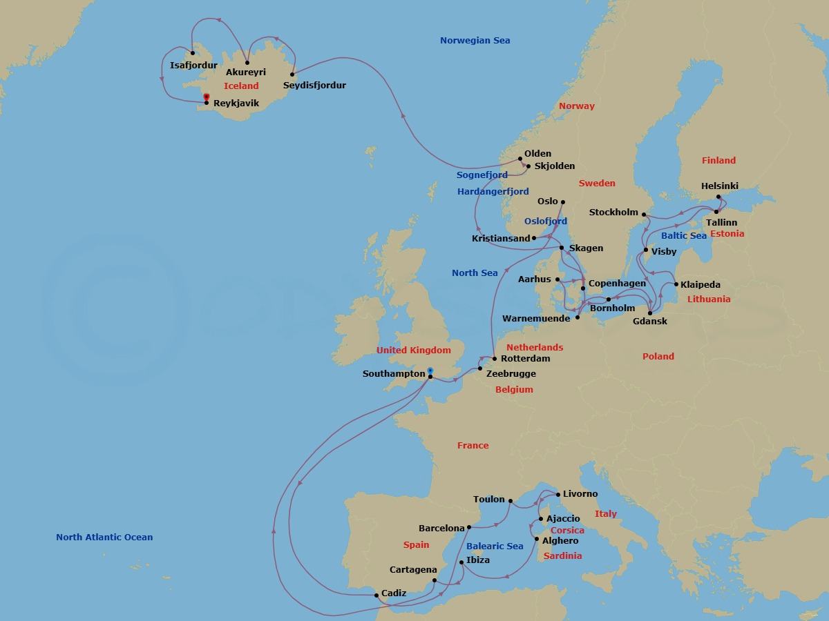 46 Night - Viking North & Mediterranean Explorer - Regal Princess - Starting in Southampton (for London), England, Seville (Cadiz), Spain, Barcelona, Spain, Toulon / Provence (La Seyne), France, Livorno (for Florence / Pisa), Italy, Corsica (Ajaccio), France, Sardinia (Alghero), Italy, Ibiza, Spain, Cartagena ES, Southampton (for London), England, Zeebrugge (for Brussels / Bruges), Belgium, Rotterdam, the Netherlands, Oslo, Norway, Oslofjord (Scenic Cruising), Kristiansand, Norway, Skagen, Denmark, Copenhagen, Denmark, Warnemunde (for Berlin), Germany, Bornholm, Denmark, Gdansk (Gdynia), Poland, Klaipeda, Lithuania, Visby, Sweden, Tallinn, Estonia, Helsinki, Finland, Tallinn, Estonia, Stockholm, Sweden, Visby, Sweden, Gdansk (Gdynia), Poland, Bornholm, Denmark, Aarhus, Denmark, Copenhagen, Denmark, Skagen, Denmark, Hardangerfjord (Scenic Cruising), Norway, Skjolden / Sognefjord, Norway, Sognefjord (Scenic Cruising), Olden, Norway, Nordfjord, Norway, Seydisfjordur, Iceland, Akureyri, Iceland, Isafjordur, Iceland, Reykjavik, Iceland itinerary map
