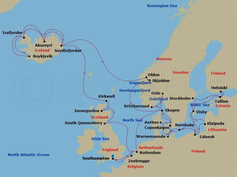 41 Night - Northern Europe Explorer - Regal Princess - Starting in Southampton (for London), England, Zeebrugge (for Brussels / Bruges), Belgium, Rotterdam, the Netherlands, Oslo, Norway, Oslofjord (Scenic Cruising), Kristiansand, Norway, Skagen, Denmark, Copenhagen, Denmark, Warnemunde (for Berlin), Germany, Bornholm, Denmark, Gdansk (Gdynia), Poland, Klaipeda, Lithuania, Visby, Sweden, Tallinn, Estonia, Helsinki, Finland, Tallinn, Estonia, Stockholm, Sweden, Visby, Sweden, Gdansk (Gdynia), Poland, Bornholm, Denmark, Aarhus, Denmark, Copenhagen, Denmark, Skagen, Denmark, Hardangerfjord (Scenic Cruising), Norway, Skjolden / Sognefjord, Norway, Sognefjord (Scenic Cruising), Olden, Norway, Nordfjord, Norway, Seydisfjordur, Iceland, Akureyri, Iceland, Isafjordur, Iceland, Reykjavik, Iceland, Isafjordur, Iceland, Akureyri, Iceland, Seydisfjordur, Iceland, Orkney Islands (Kirkwall), Scotland, Invergordon, Scotland, Edinburgh (South Queensferry), Scotland, Zeebrugge (for Brussels / Bruges), Belgium, Southampton (for London), England itinerary map