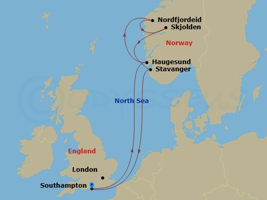 7 Night - Norwegian Fjords - Regal Princess - Starting in Southampton (for London), England, Haugesund, Norway, Nordfjordeid, Norway, Nordfjord, Norway, Skjolden / Sognefjord, Norway, Sognefjord (Scenic Cruising), Stavanger, Norway, Southampton (for London), England itinerary map