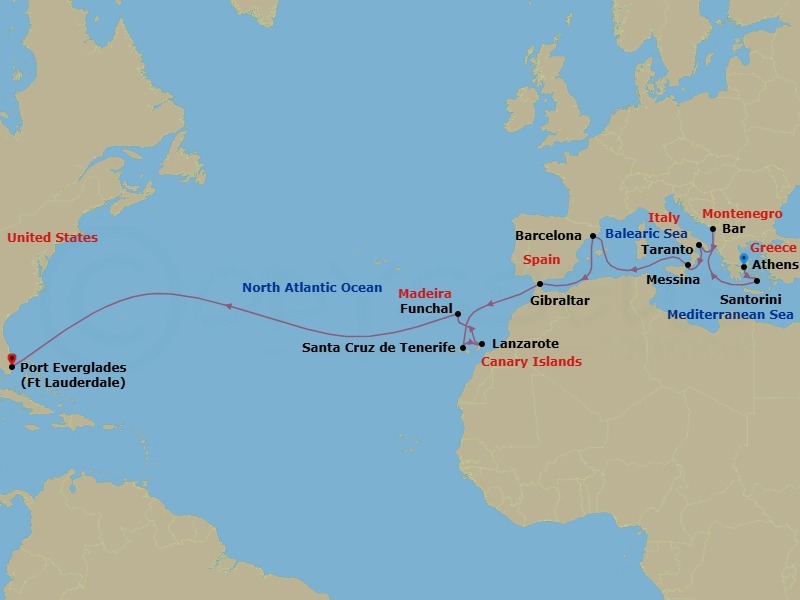 21 Night - Western Mediterranean Grand Adventure - Sun Princess - Starting in Athens (Piraeus), Greece, Santorini, Greece, Montenegro, Taranto, Italy, Sicily (Messina), Italy, Barcelona, Spain, Gibraltar, Santa Cruz de Tenerife, Lanzarote (Arrecife), Canary Islands, Madeira (Funchal), Portugal, Fort Lauderdale, Florida itinerary map