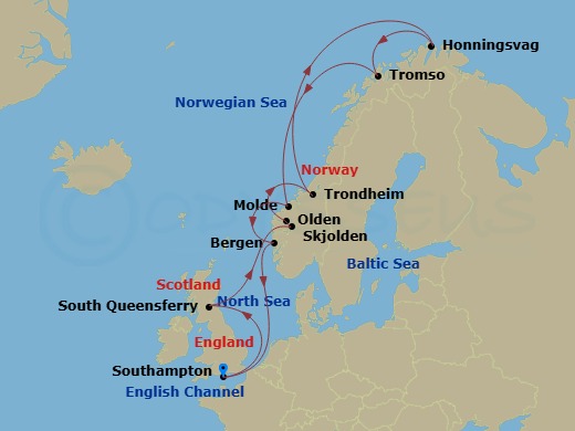 14 Night - Land of the Midnight Sun & Summer Solstice - Sky Princess - Starting in Southampton (for London), England, Edinburgh (South Queensferry), Scotland, Skjolden / Sognefjord, Norway, Sognefjord (Scenic Cruising), Olden, Norway, Nordfjord, Norway, Trondheim, Norway, Trondheimsfjord (Scenic Cruising), Honningsvag (for North Cape), Norway, North Cape (Scenic Cruising), Tromso, Norway, Molde, Norway, Bergen, Norway, Southampton (for London), England itinerary map
