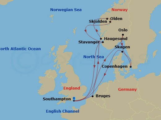 14 Night - Norwegian Fjords & Scandinavia - Sky Princess - Starting in Southampton (for London), England, Haugesund, Norway, Skjolden / Sognefjord, Norway, Sognefjord (Scenic Cruising), Olden, Norway, Nordfjord, Norway, Stavanger, Norway, Southampton (for London), England, Zeebrugge (for Brussels / Bruges), Belgium, Oslo, Norway, Oslofjord (Scenic Cruising), Copenhagen, Denmark, Skagen, Denmark, Southampton (for London), England itinerary map